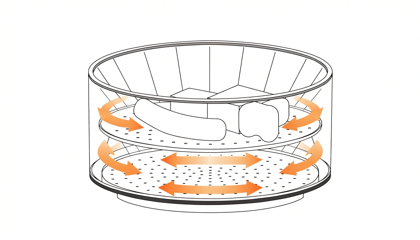 Diagram of an air fryer convection mechanism showing hot air circulation, heating coil, and fan pathway around food