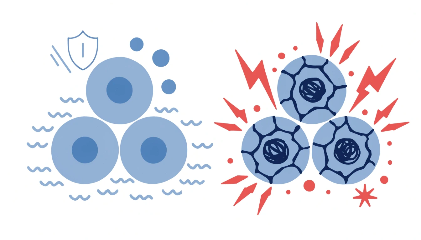 Comparison illustration of cellular lipid oxidation from deep frying versus reduced oxidative stress from air frying