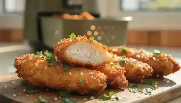 Golden, crispy high-protein chicken bites fresh out of the air fryer basket