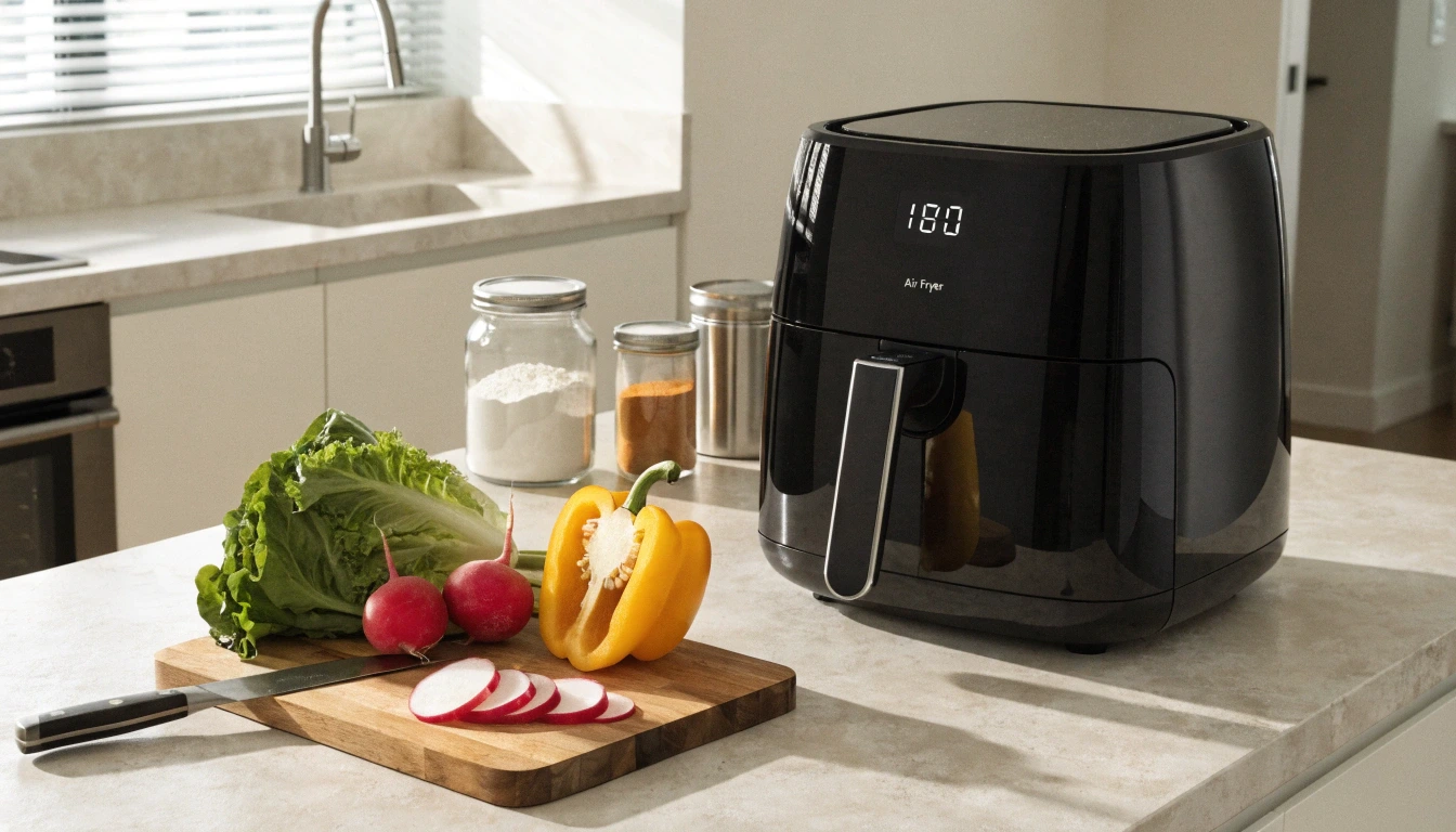 Busy mother safely using an air fryer in a minimalist kitchen, avoiding hot oil splatter during weeknight cooking